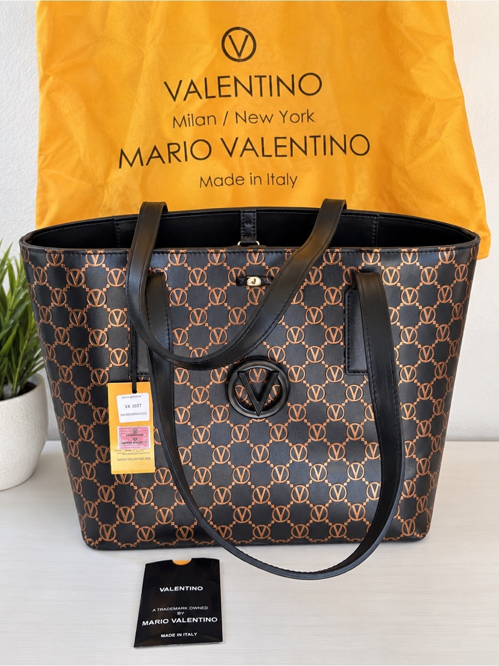 Mario Valentino Black Tote with Brown Logo Pattern